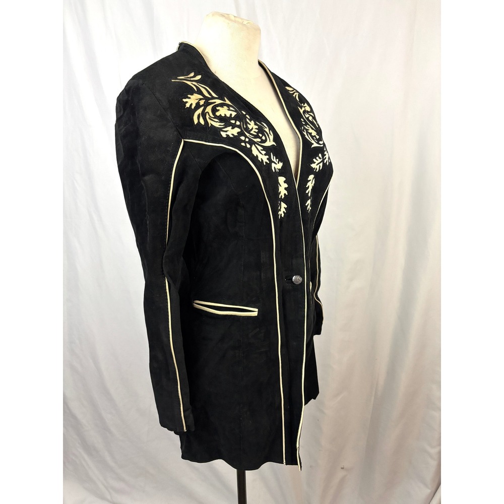 Handmade Suede Jacket Black Western Applique Tailored Vintage OOAK - Picture 3 of 16